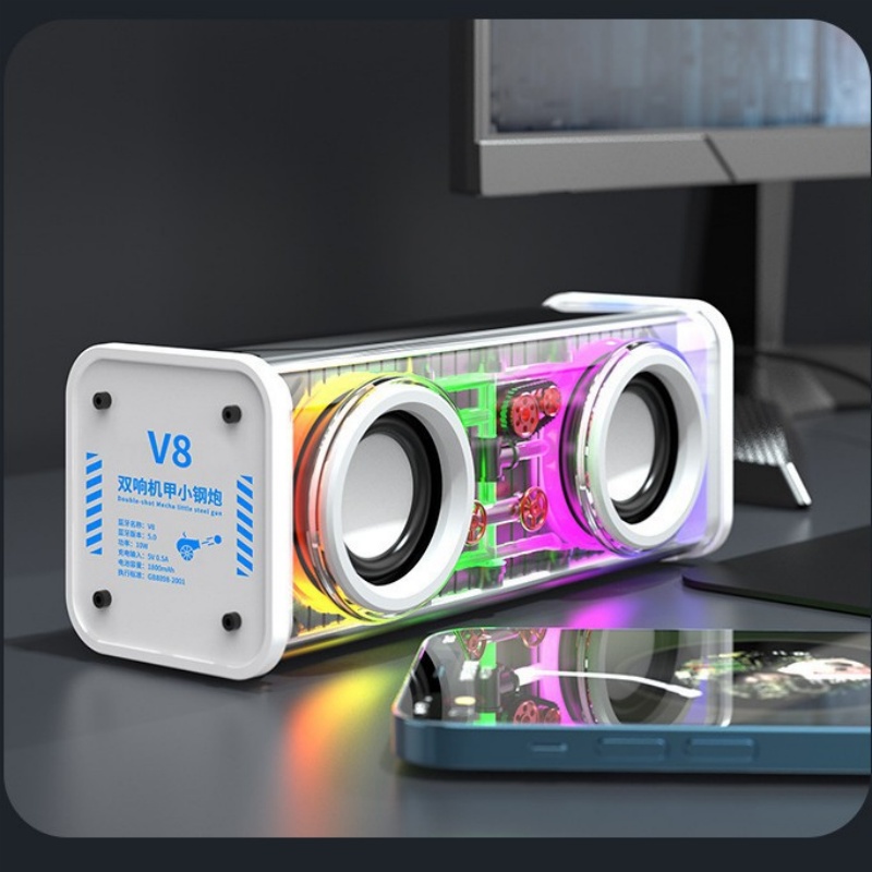 Bluetooth speaker, Bluetooth audio system, dual-sound transparent mecha, colorful light, Bluetooth speaker, dual-speaker small steel cannon Application Scenario