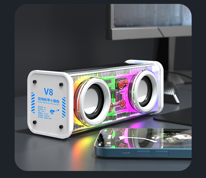 Bluetooth speaker, Bluetooth audio system, dual-sound transparent mecha, colorful light, Bluetooth speaker, dual-speaker small steel cannon pic 3