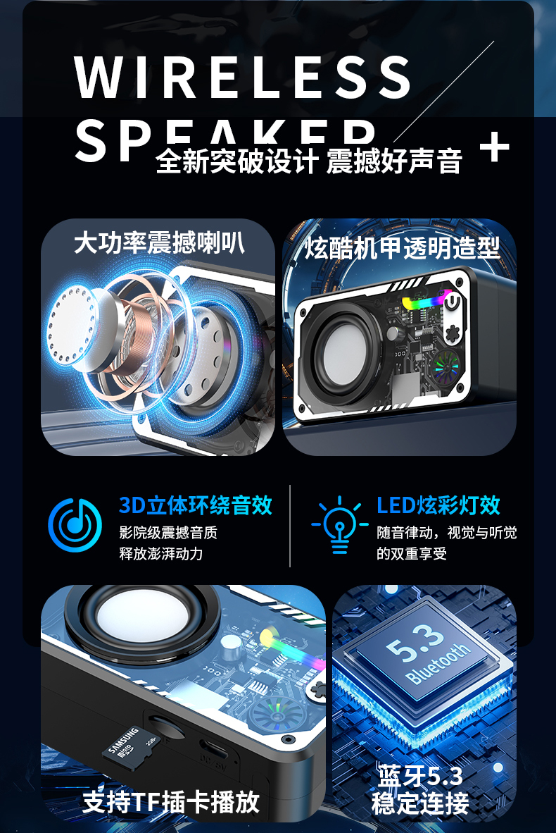 Bluetooth speaker, Bluetooth speaker, transparent mecha card insert, small steel cannon, wireless Bluetooth mini speaker, outdoor portable speaker pic 2