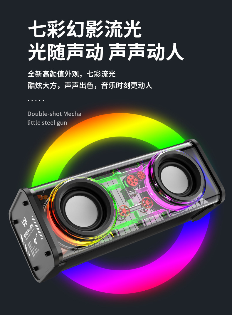 Bluetooth speaker, Bluetooth audio system, dual-sound transparent mecha, colorful light, Bluetooth speaker, dual-speaker small steel cannon pic 5
