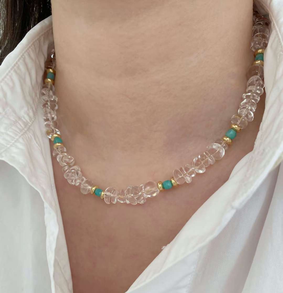 白水晶绿松石天然石项链百搭轻奢批发饰品