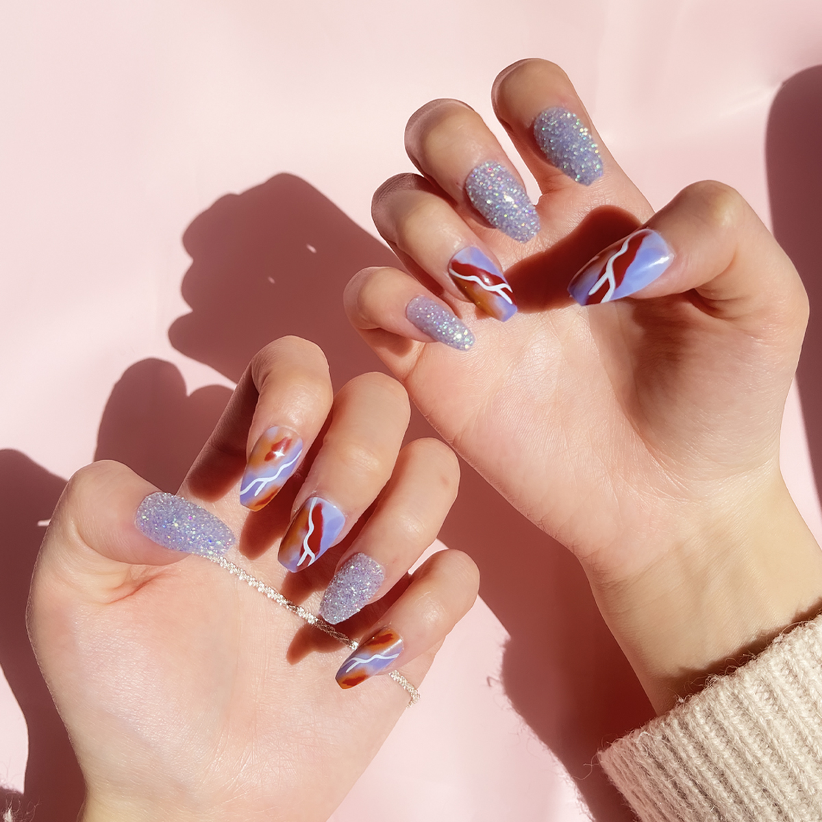 24-piece trapezoidal nail detachable wearable nail art pieces in purple scallion powder details Picture