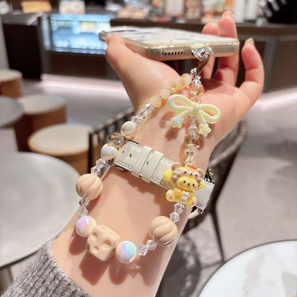 Summer new dopamine baby Sanrio beaded mobile phone chain keychain, portable wrist strap, hanging chain, hanging rope mobile phone chain, women's short style, European and American Specification image