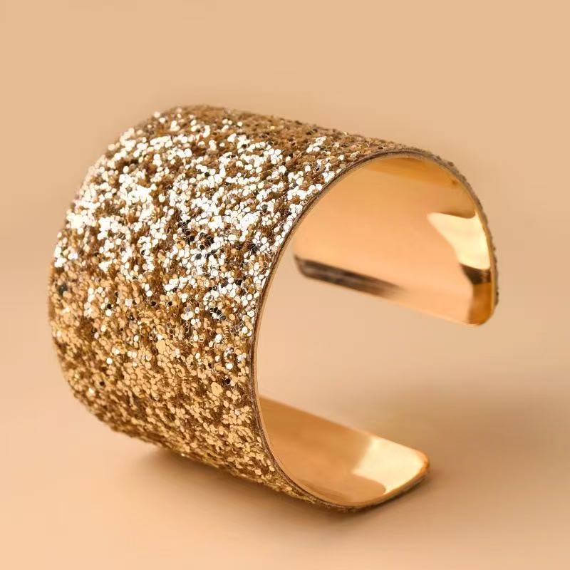 Cross-border spot wholesale exaggerated sequined metal style open bracelet, super flash alloy wide surface women's bracelet details Picture