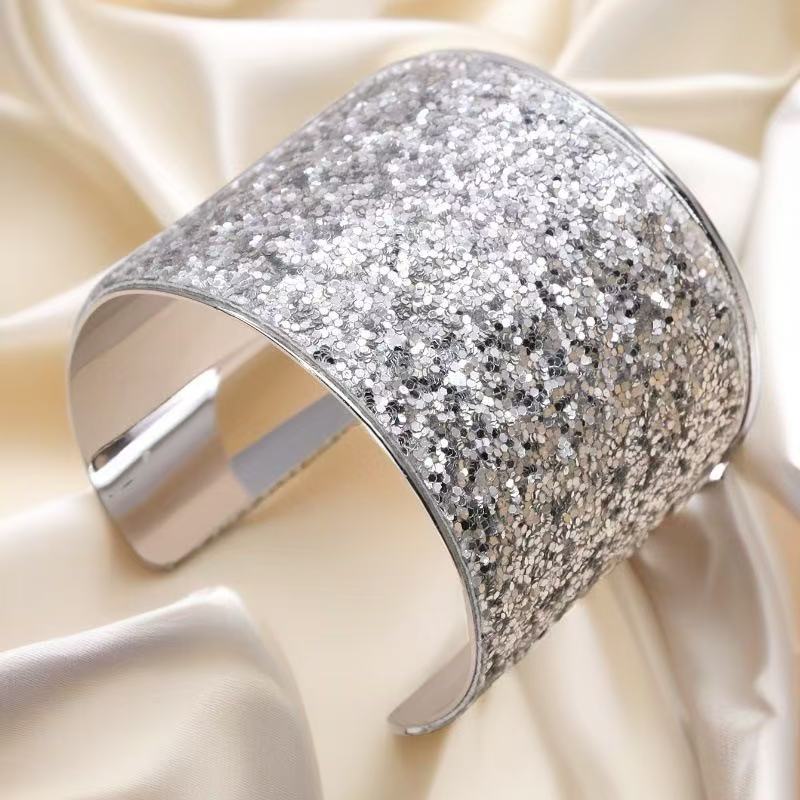 Cross-border spot wholesale exaggerated sequined metal style open bracelet, super flash alloy wide surface women's bracelet Item Picture