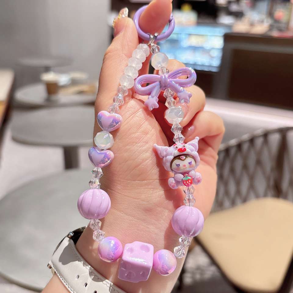 Summer new dopamine baby Sanrio beaded mobile phone chain keychain, portable wrist strap, hanging chain, hanging rope mobile phone chain, women's short style, European and American Item Picture