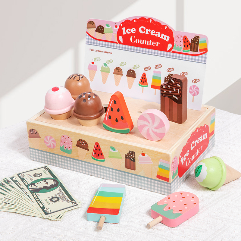 Children's pretend play, ice cream, ice cream selling store, small store, cash register, role-playing, wooden toy export, CPC CE certification details Picture