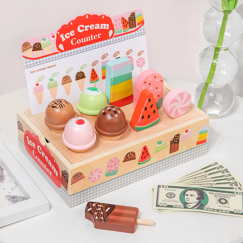 Children's pretend play, ice cream, ice cream selling store, small store, cash register, role-playing, wooden toy export, CPC CE certification full figure