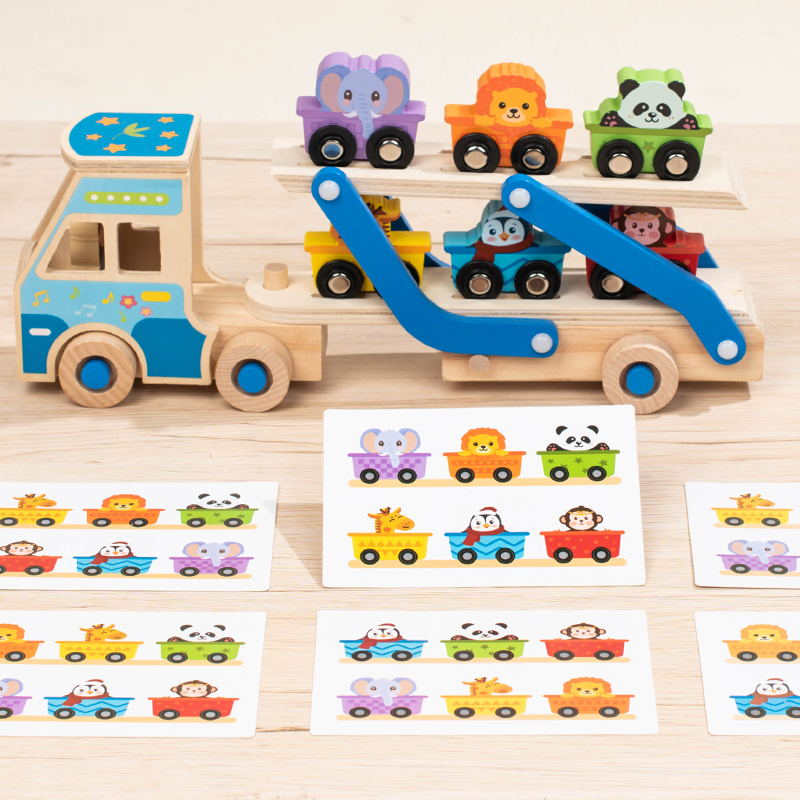 Children's wooden simulation car toys, inertial magnetic transport vehicle, engineering crane, educational and early education animal food matching, small truck transport vehicle, available in pink and blue Item Picture
