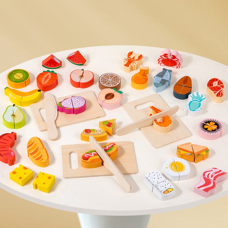Early childhood education: Children play house, cut fruits, vegetables, food, wooden toys, boys and girls, intellectual magic tricks, suitable for cutting seafood. Three types of cutting seafood. CPC CE export certification details Picture