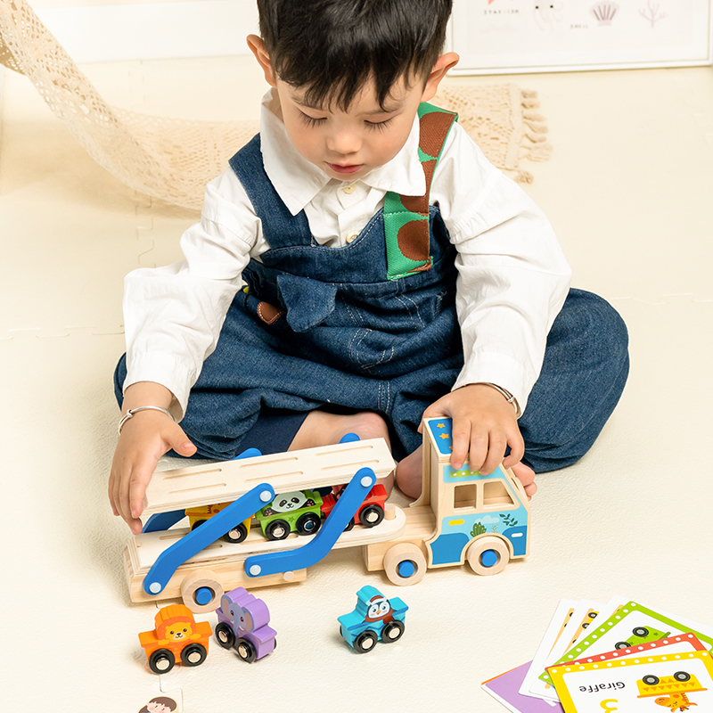 Children's wooden simulation car toys, inertial magnetic transport vehicle, engineering crane, educational and early education animal food matching, small truck transport vehicle, available in pink and blue Application Scenario