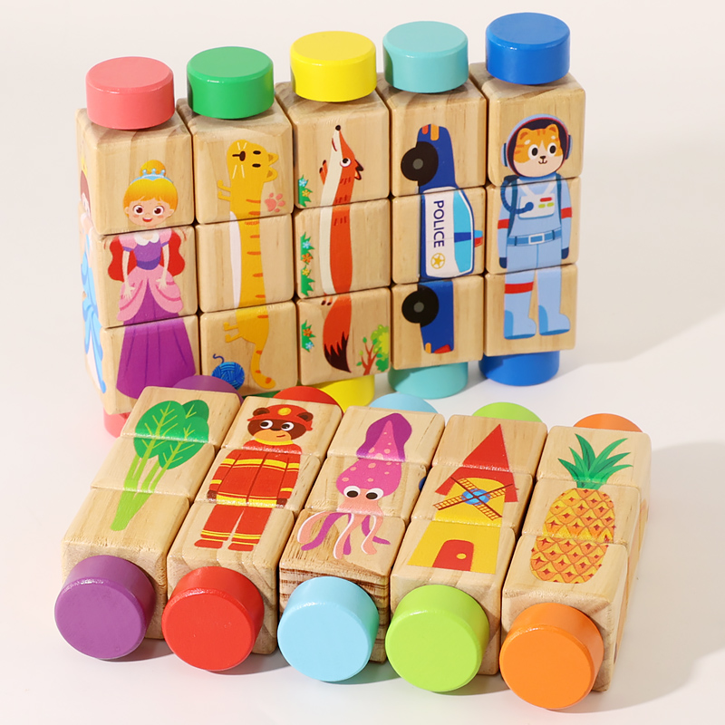 Twisty sticks, wooden building blocks, large particles, cartoon animals, fruits and vegetables, transportation, children's grasping, rotating, three-dimensional jigsaw puzzles, toys for 1-3 years old, 10 themes to choose from, CE CPC EN71 export-certified children's toys Specification drawing