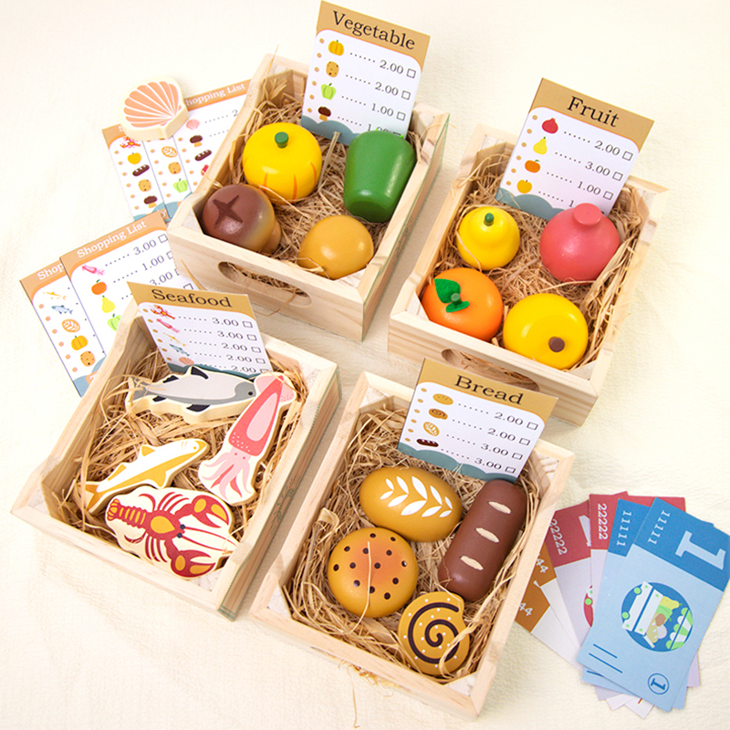 Children's wooden simulated vegetable and fruit wooden frames play house kitchen toys kindergarten early education cognitive fruit and vegetable wooden boxes Chiqie Le CE CPC export certification details Picture