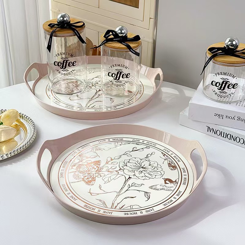 粉色玫瑰金ins风托盘跨境商用轻奢客厅放水杯茶盘糖果零食收纳盘