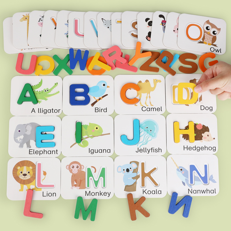 English spelling words, children's intelligence and early education, 26 English letter cards matching cognitive puzzles, wooden toys, alphanomeric arithmetic building blocks matching cards, CE CPC, EN71 export certification Specification drawing