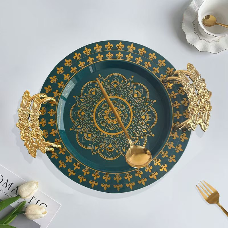 圆形烫金绿色托盘厂家批发北欧轻奢果盘茶盘高级酒店托盘欧式盘子图