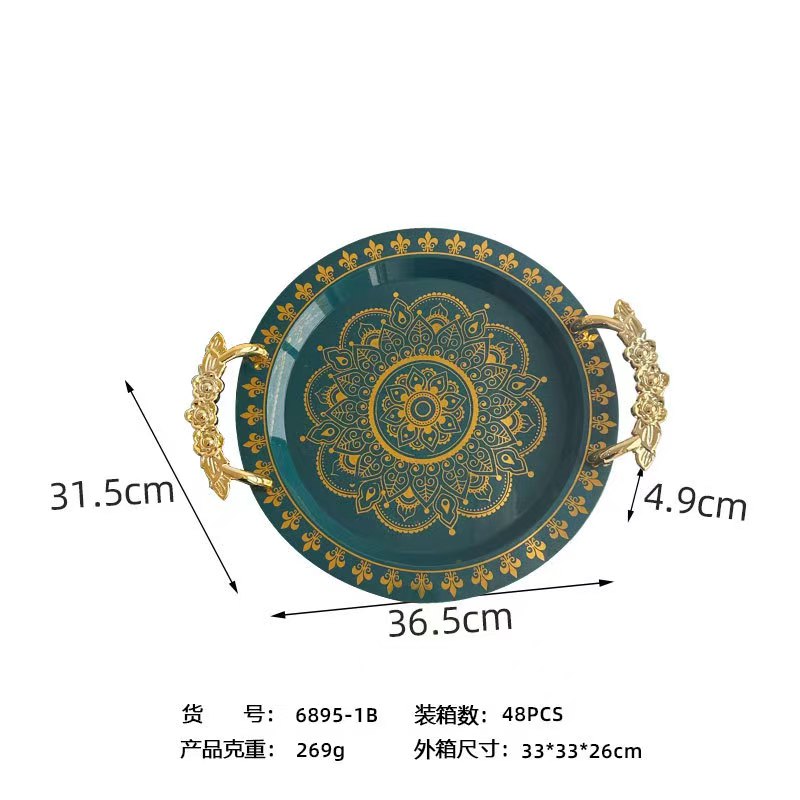 圆形烫金绿色托盘厂家批发北欧轻奢果盘茶盘高级酒店托盘欧式盘子详情9