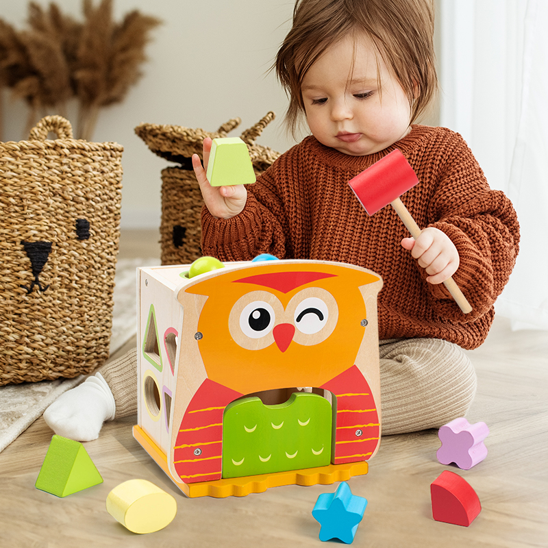 Children's early education enlightenment matching owl-shaped intelligence box, educational early education shape building blocks, color recognition, wooden toys details Picture