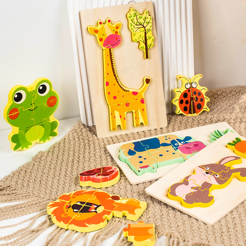 Children's wooden 3d stereoscopic jigsaw puzzles for children aged 1 to 3 years old, early education, transportation, characters, educational cards, jigsaw boards, toys, animal food chain matching puzzles, 10 styles to choose from Specification drawing