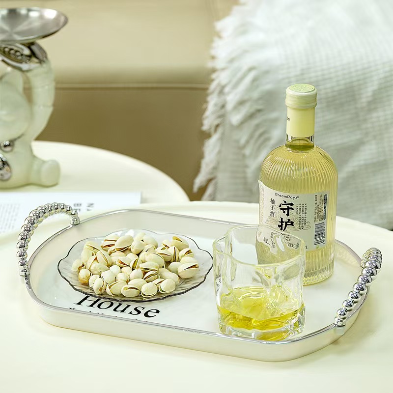 跨境椭圆白银托盘奶白轻奢茶盘家用客厅茶几茶杯水杯收纳盘水果盘