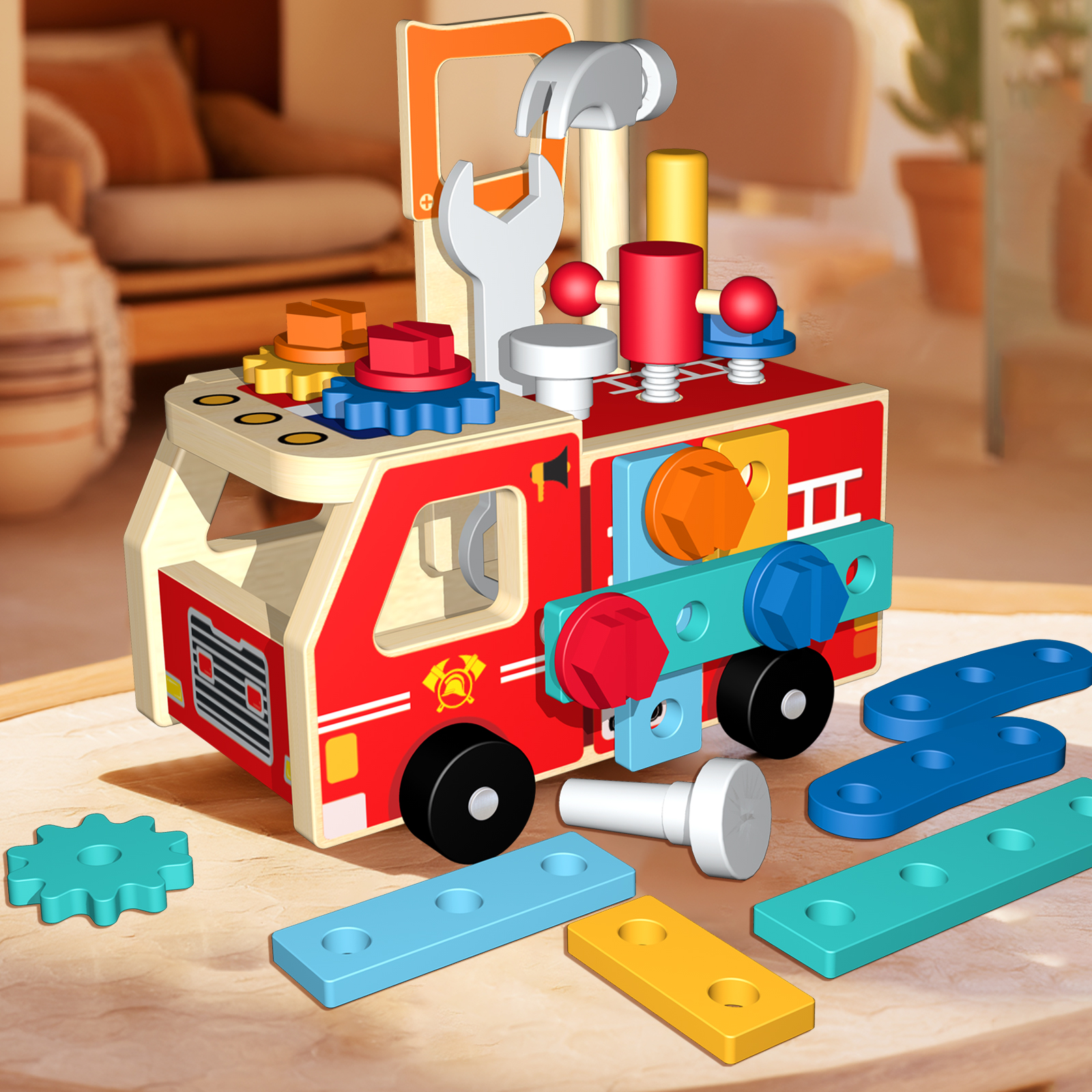 Children's fire engine, nut truck, combination disassembly and assembly vehicle, educational wooden toy, flexible hands-on finger exercise tool vehicle, CPC CE EN71 export certificate Application Scenario