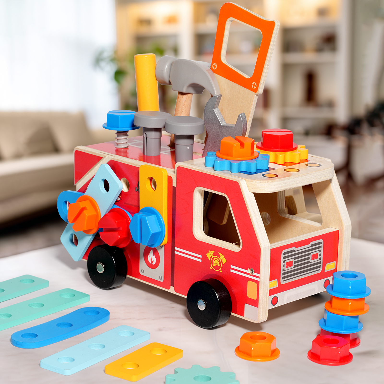 Children's fire engine, nut truck, combination disassembly and assembly vehicle, educational wooden toy, flexible hands-on finger exercise tool vehicle, CPC CE EN71 export certificate Item Picture