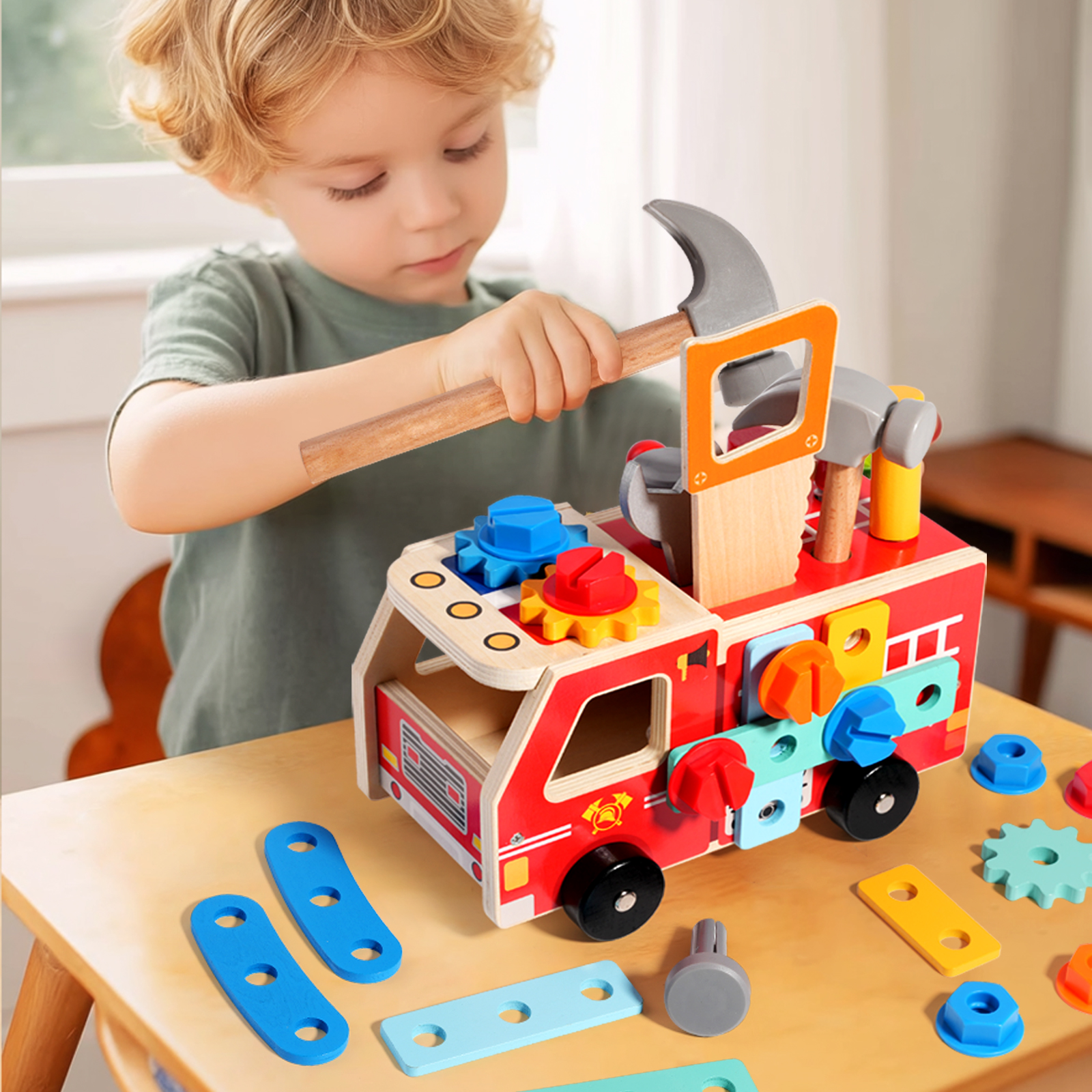 Children's fire engine, nut truck, combination disassembly and assembly vehicle, educational wooden toy, flexible hands-on finger exercise tool vehicle, CPC CE EN71 export certificate details Picture