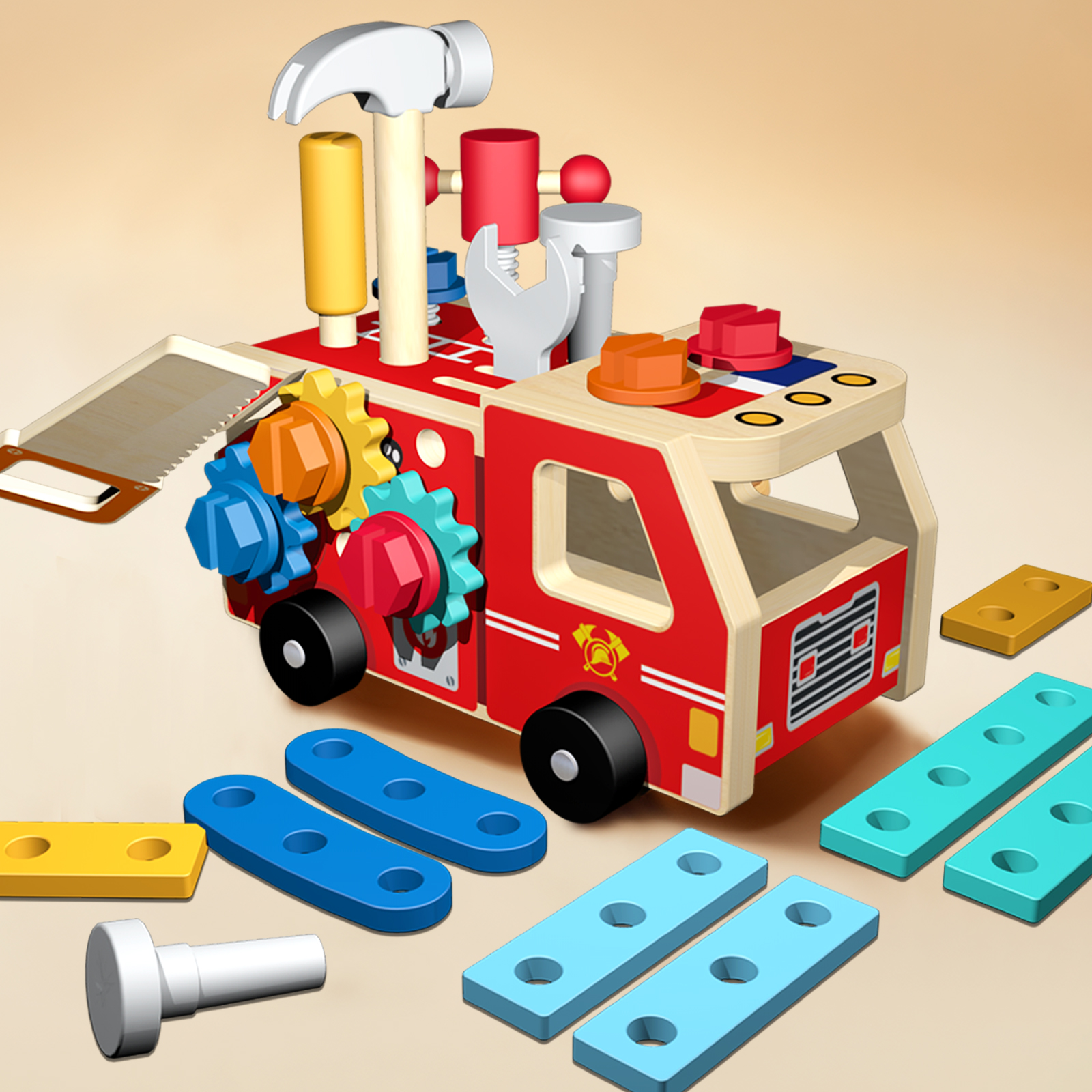 Children's fire engine, nut truck, combination disassembly and assembly vehicle, educational wooden toy, flexible hands-on finger exercise tool vehicle, CPC CE EN71 export certificate Specification drawing
