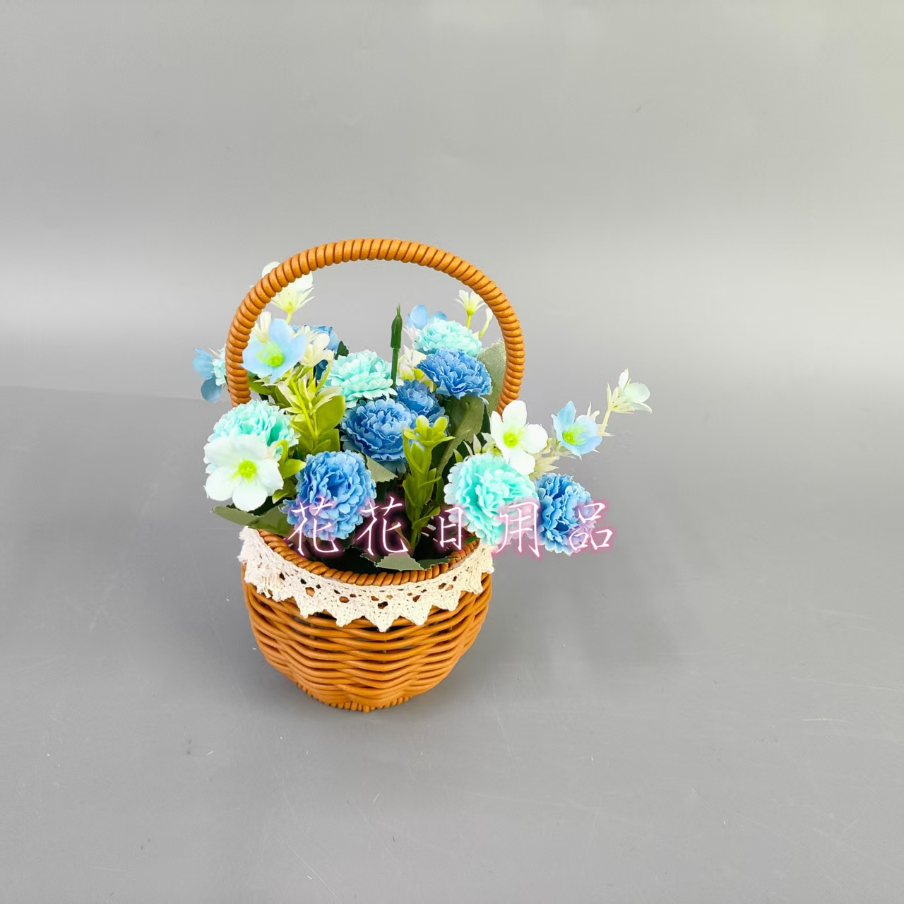 Artificial flower, fake flower bonsai, bamboo basket pot, small carnation, decorative item Specification drawing
