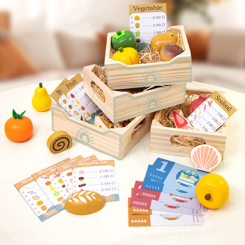 Children's wooden simulated vegetable and fruit wooden frames play house kitchen toys kindergarten early education cognitive fruit and vegetable wooden boxes Chiqie Le CE CPC export certification Application Scenario