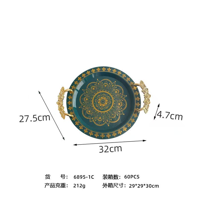 圆形烫金绿色托盘厂家批发北欧轻奢果盘茶盘高级酒店托盘欧式盘子详情7