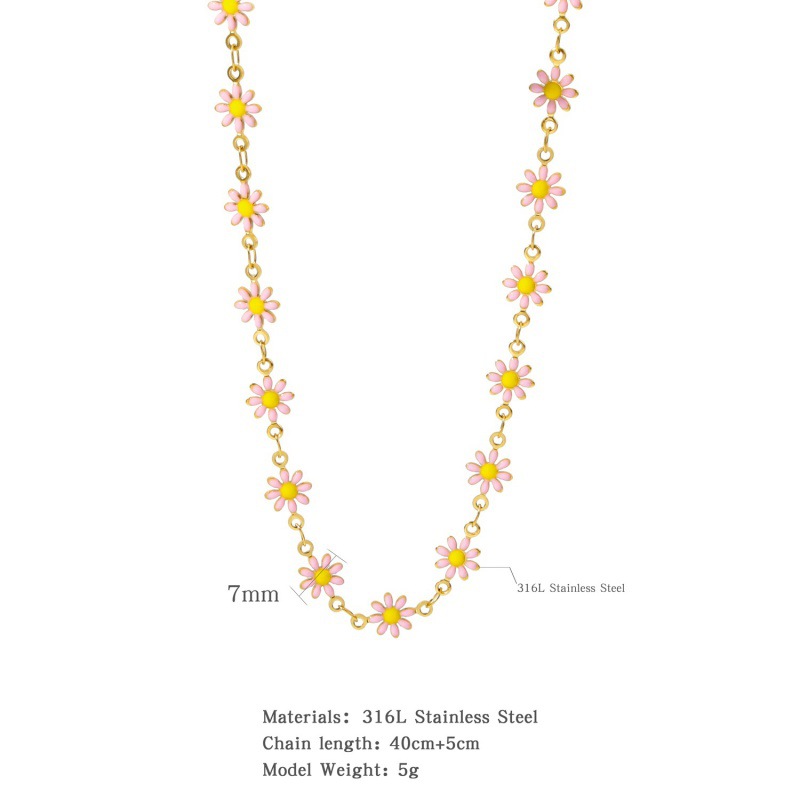 A pink necklace with small oil-dripping flowers and daisies, a collarbone chain, is versatile for ladies in summer, both Japanese and Korean details Picture