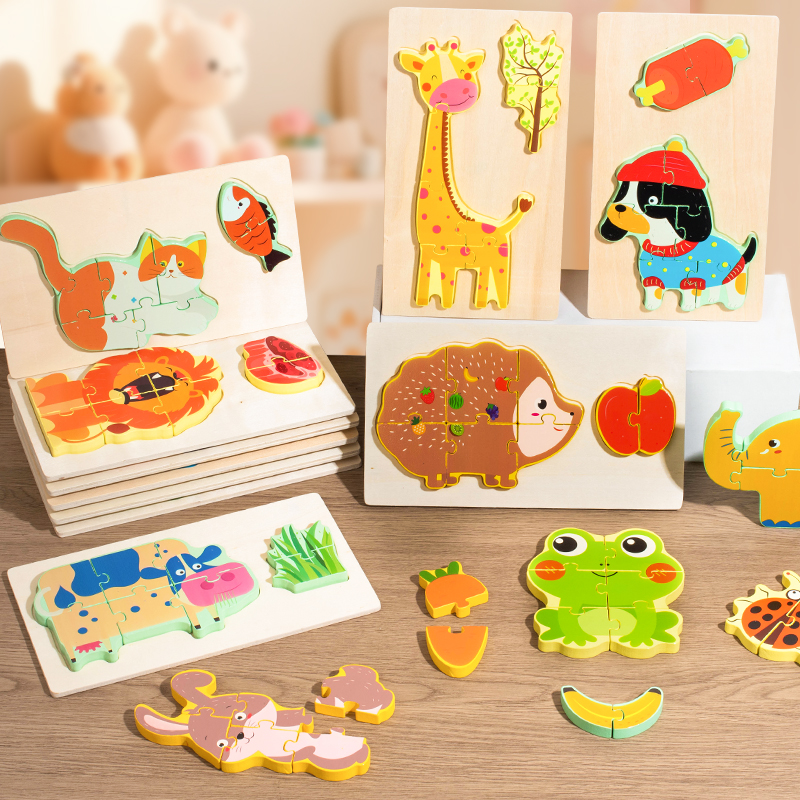 Children's wooden 3d stereoscopic jigsaw puzzles for children aged 1 to 3 years old, early education, transportation, characters, educational cards, jigsaw boards, toys, animal food chain matching puzzles, 10 styles to choose from full figure