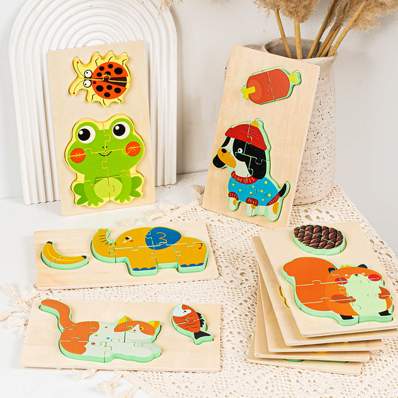 Children's wooden 3d stereoscopic jigsaw puzzles for children aged 1 to 3 years old, early education, transportation, characters, educational cards, jigsaw boards, toys, animal food chain matching puzzles, 10 styles to choose from details Picture