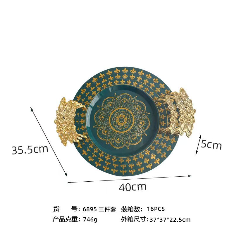 圆形烫金绿色托盘厂家批发北欧轻奢果盘茶盘高级酒店托盘欧式盘子详情5