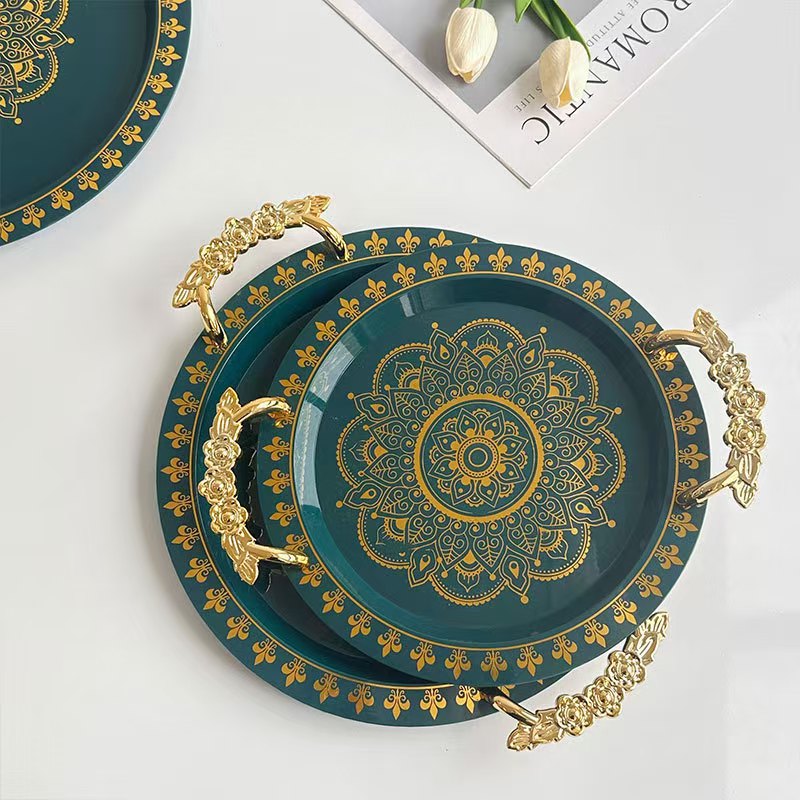 圆形烫金绿色托盘厂家批发北欧轻奢果盘茶盘高级酒店托盘欧式盘子详情2