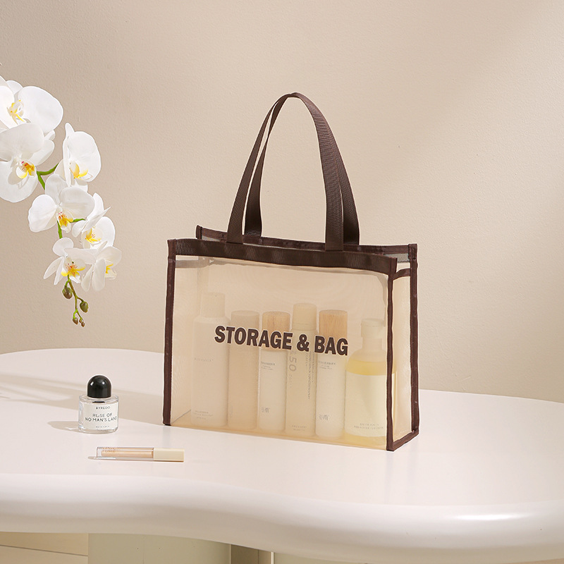 网纱托特化妆包便携旅行洗漱包女网眼收纳袋大容量透气收纳包白底实物图