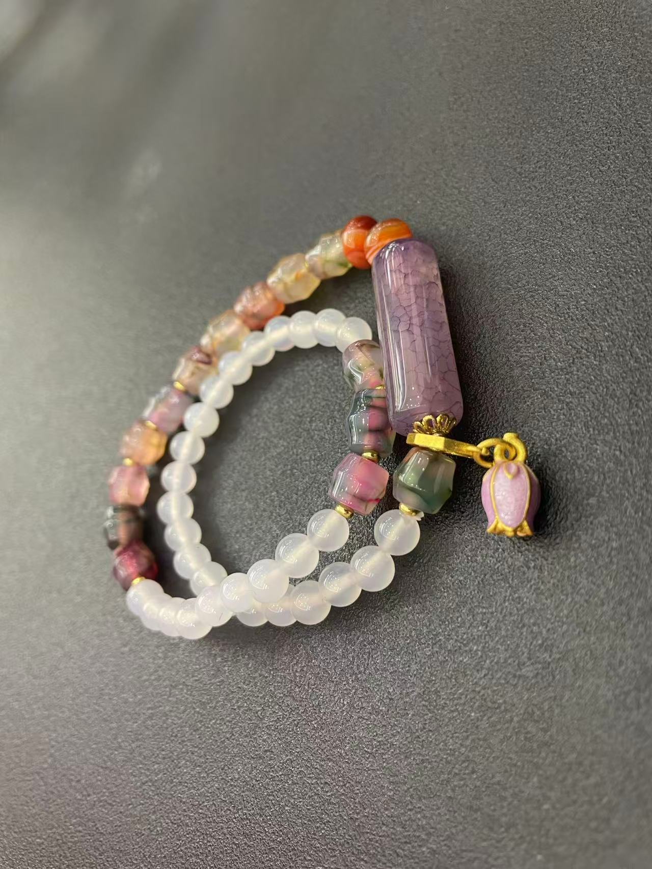 天然石紫水晶手链双层紫龙纹郁金香显白水晶串珠手串