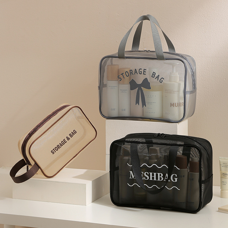 Mesh hand-held toiletry bag, portable travel makeup bag, women's mesh storage bag, large-capacity mesh fabric breathable storage bag