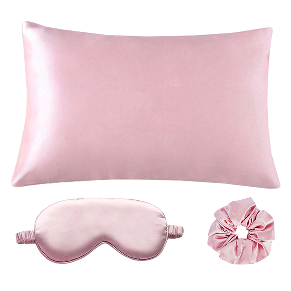 仿真丝眼罩枕头套3件套套装信封式开口柔软透气枕头套睡眠眼罩发圈套装礼盒包装