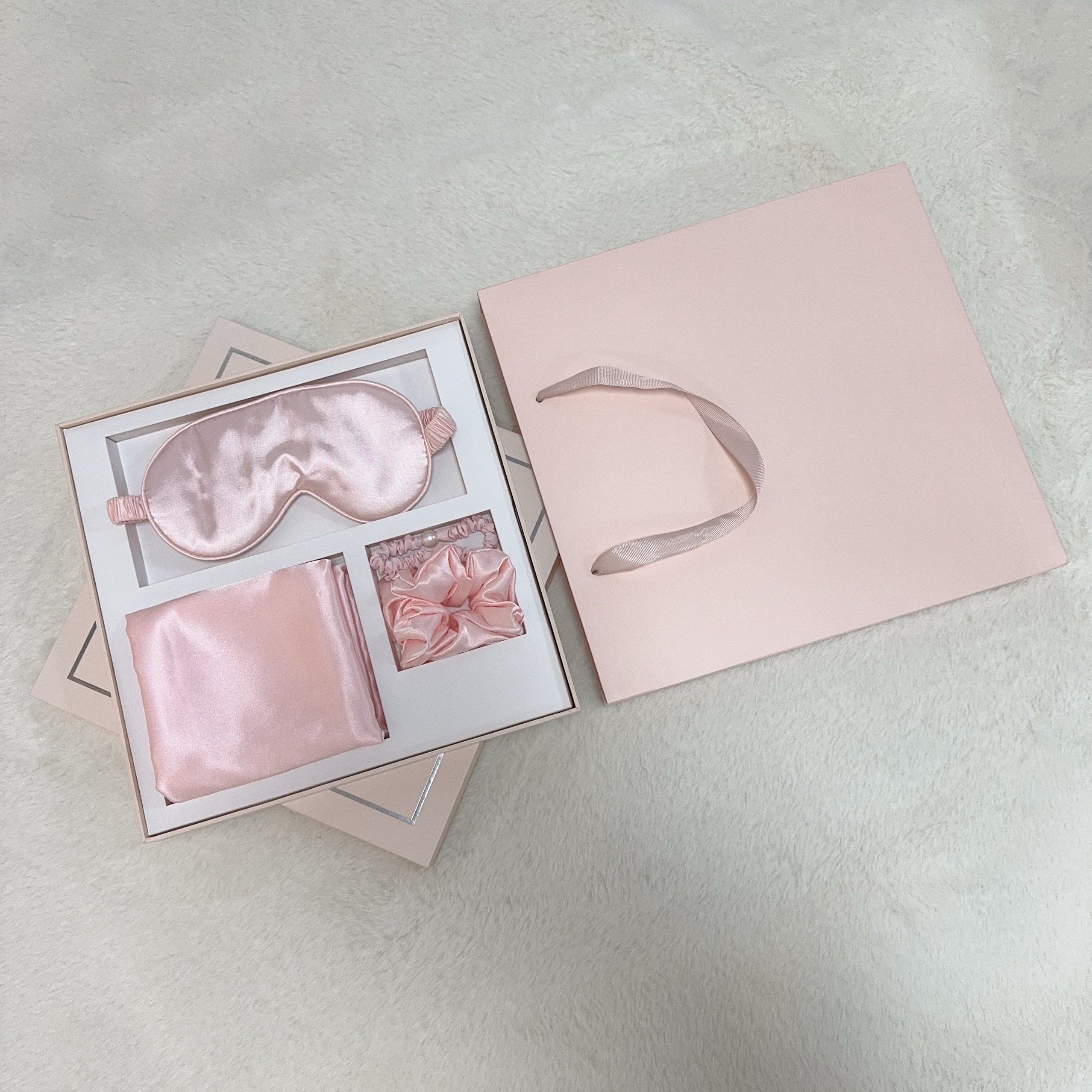 仿真丝眼罩枕头套3件套套装信封式开口柔软透气枕头套睡眠眼罩发圈套装礼盒包装详情1