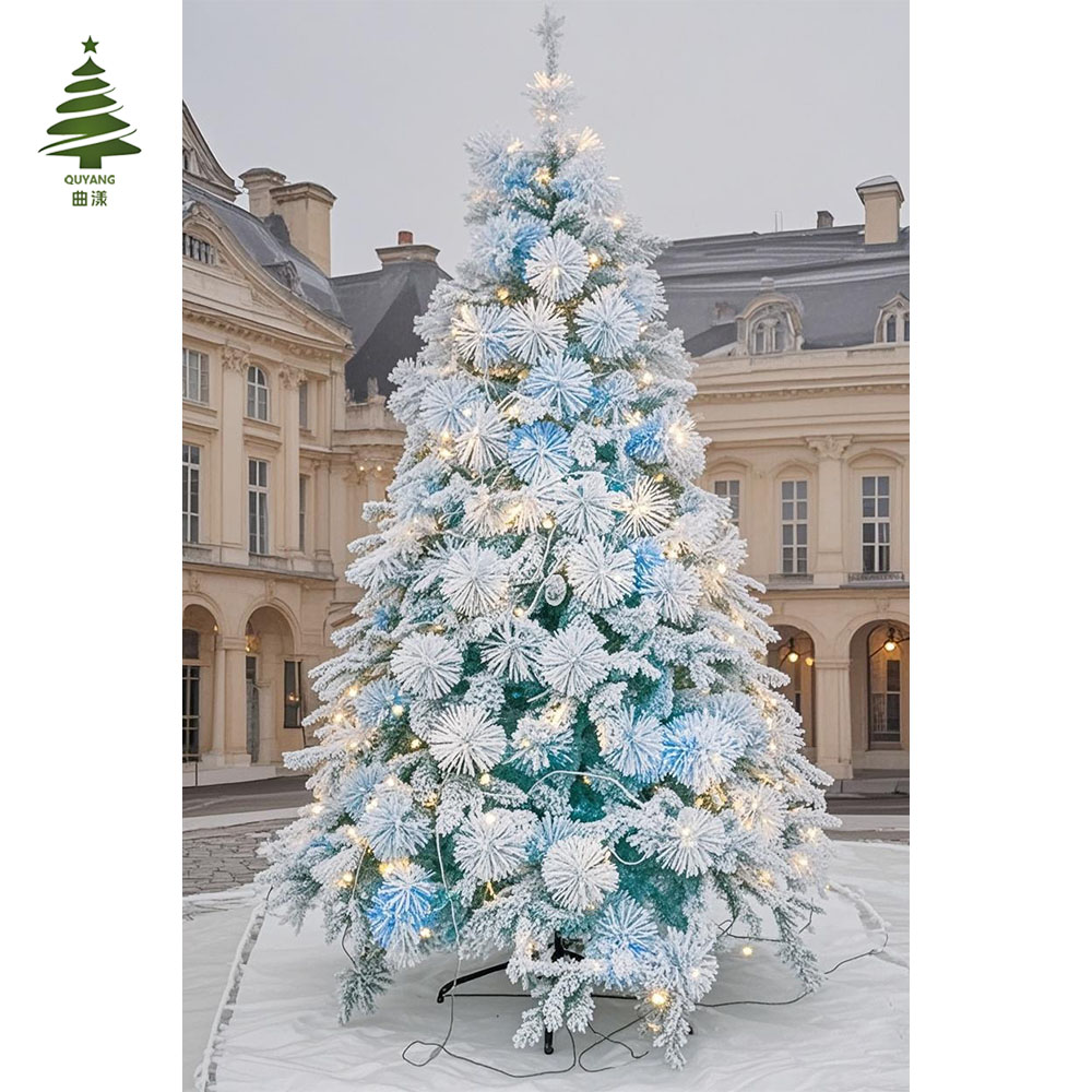 A new 2025 blue PVC mixed PE/PET pine needle flocking snowfall Christmas tree details Picture