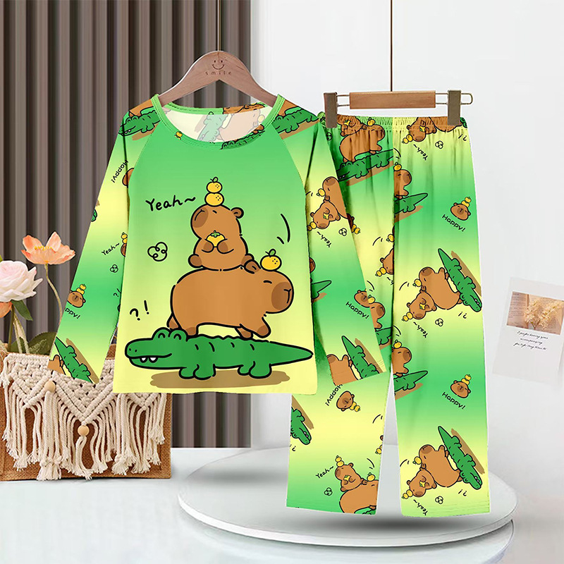 Cross-border wholesale of spring and autumn children's pajamas, boys' thin styles, long-sleeved Capibara cartoon home wear for middle and large girls Specification image