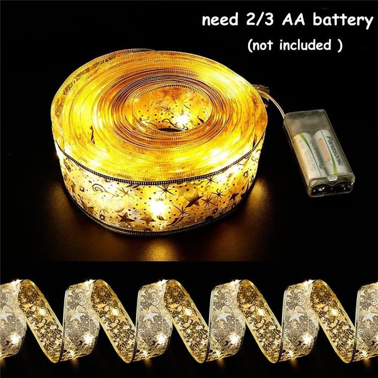 跨境圣诞丝带灯串圣诞树装饰灯圣诞节LED缎带装饰品烫金双层彩带 图