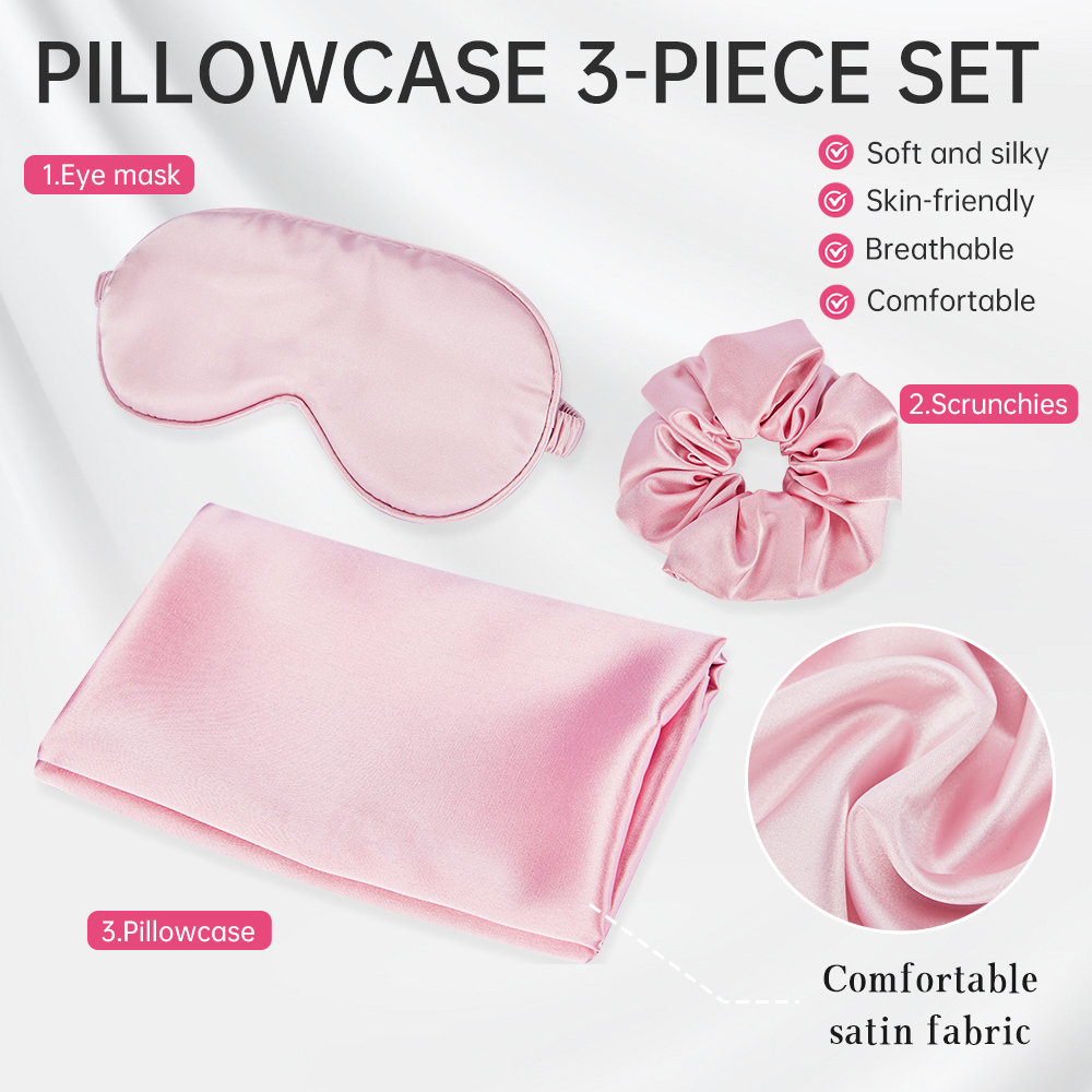 仿真丝眼罩枕头套3件套套装信封式开口柔软透气枕头套睡眠眼罩发圈套装礼盒包装细节图
