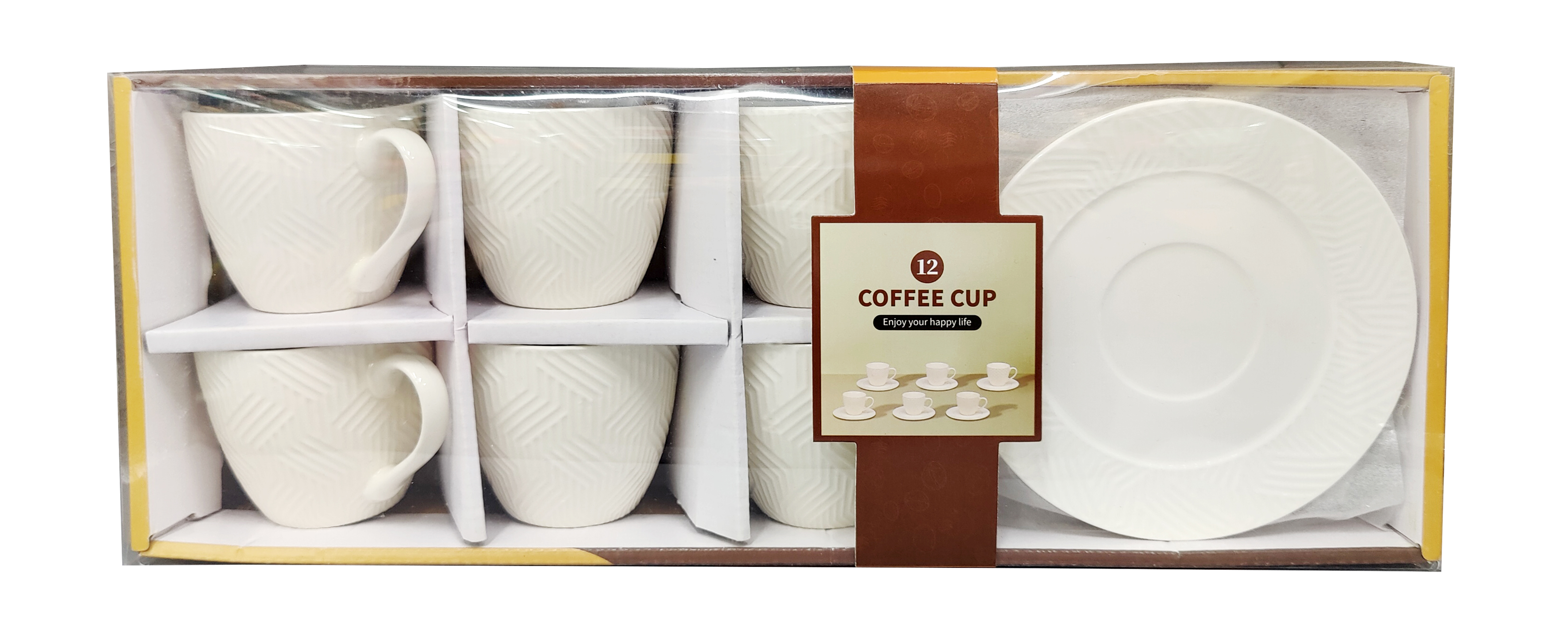 12-piece coffee cup and plate set, embossed white ceramic, home and office coffee equipment set, coffee beverage special set 02 pattern