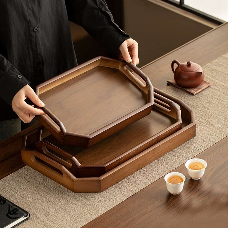 轻奢板栗色提手茶盘竹制盘子家用水杯盘子下午茶咖啡厅盘子