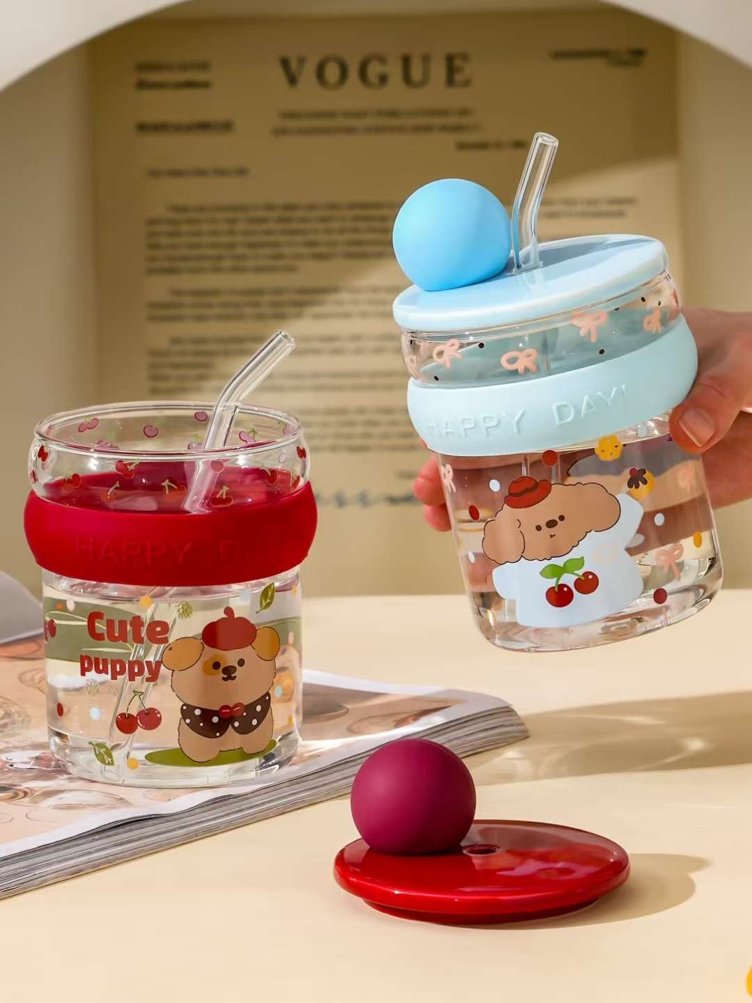 New fashionable high borosilicate happy animal straw glass cup, heat-resistant silicone case, home good item, girl's heart flower tea cup, juice cup, milk cup, office and home high appearance level transparent glass handicraft, explosion-proof water cup 500ml detail image 4