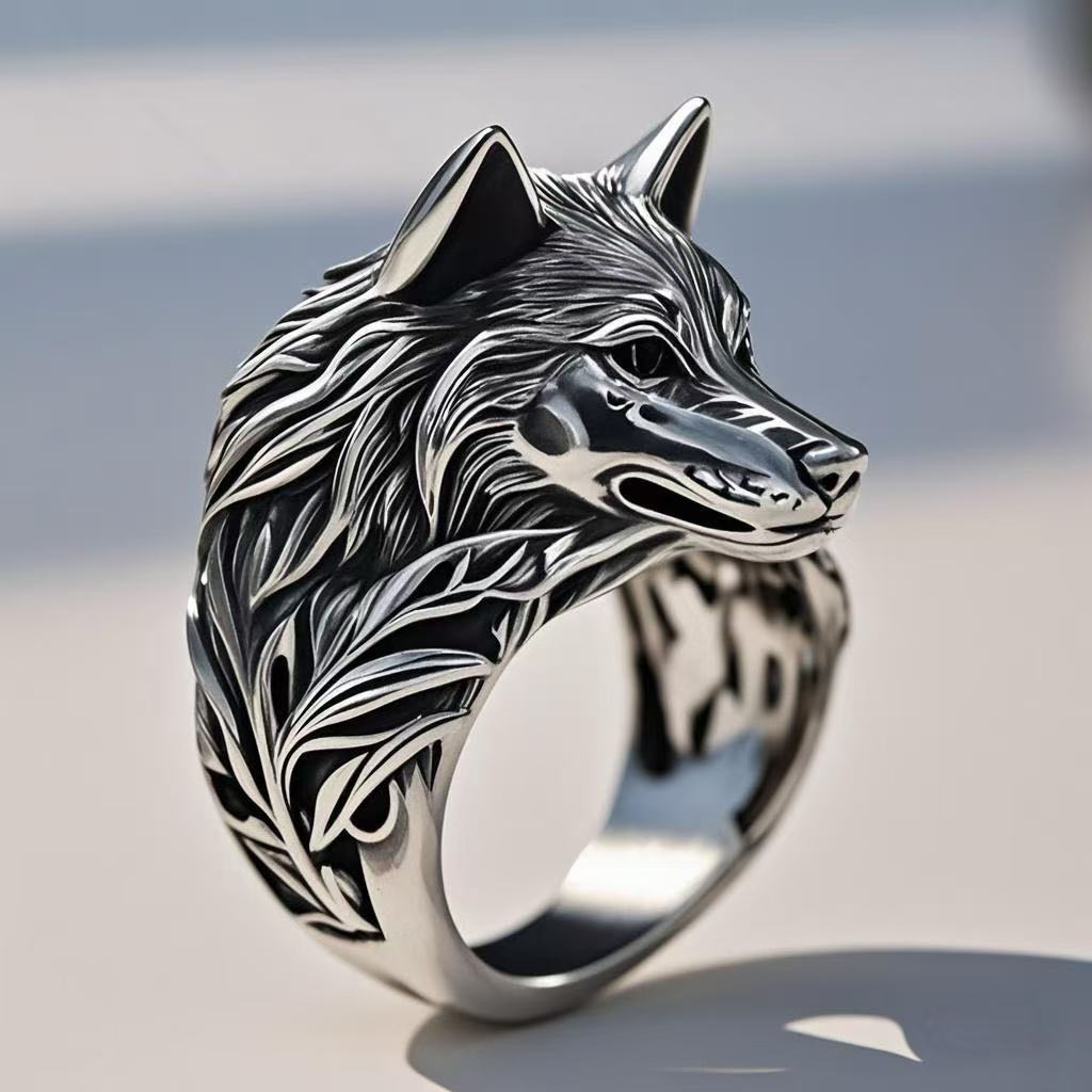 European and American retro Wolf head ring, cross-border men's trendy animal, exaggerated and powerful, hip-hop personality open ring Specification image