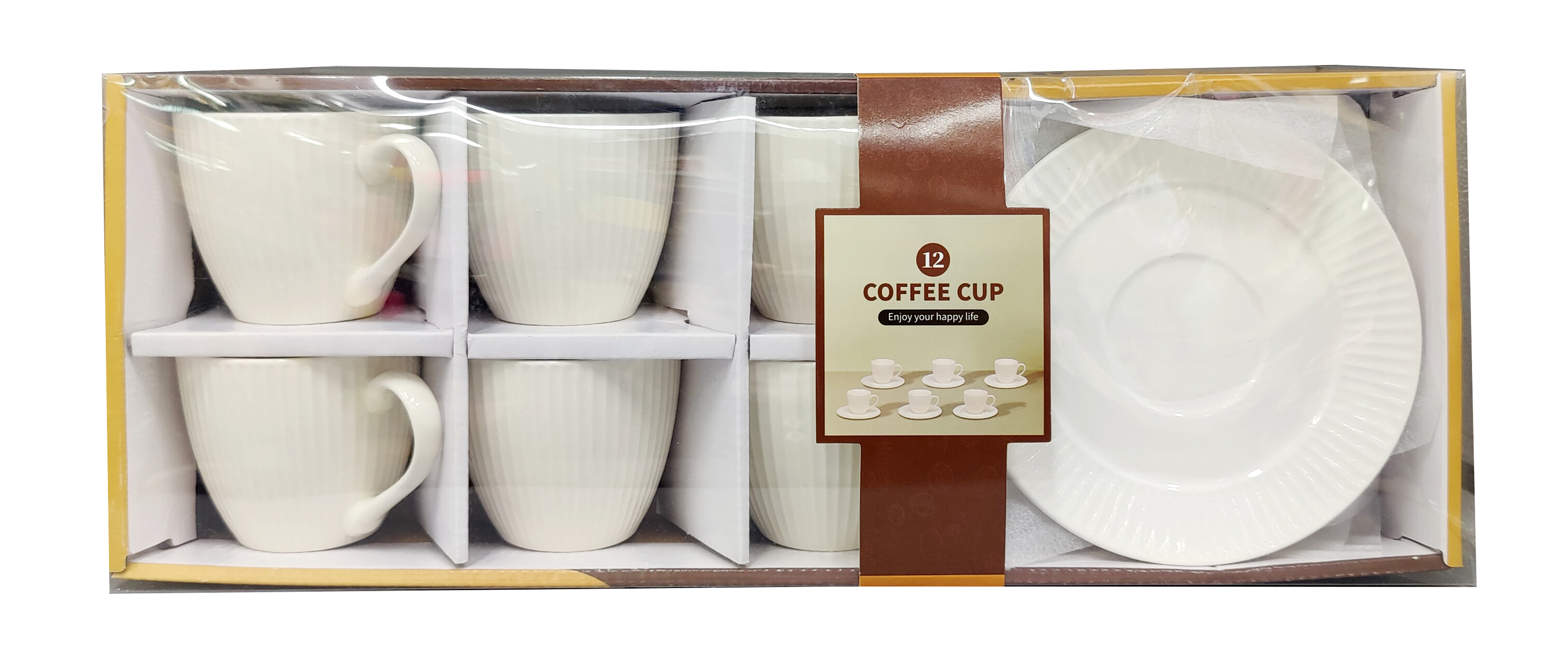 12-piece coffee cup and plate set, embossed white ceramic, home and office coffee equipment set, coffee beverage special set 01 Pattern
